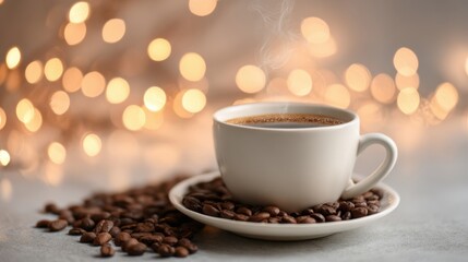 Fototapeta premium A steaming cup of coffee rests on a small plate, surrounded by rich coffee beans, with soft, warm lights creating a cozy ambiance in the background