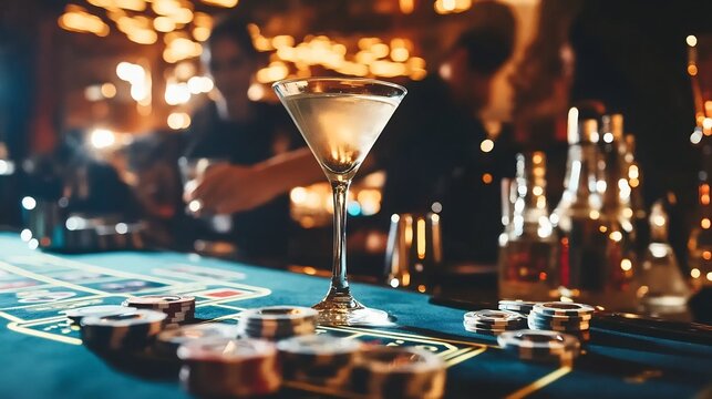 High end casino night with martini cocktails on a sleek bar top surrounded by people playing poker and roulette with soft lighting and an atmosphere of anticipation and glamour