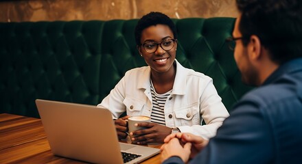 Attractive young businesswoman enjoying coffee break with male colleague in cozy cafe while working on laptop discussing project and smiling showing positive attitude