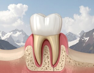 3D illustration of a tooth and its surrounding bone structure, showcasing healthy gum and bone.