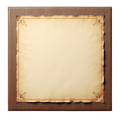 Obraz premium Aged parchment paper with decorative border on wooden background isolated on transparent background