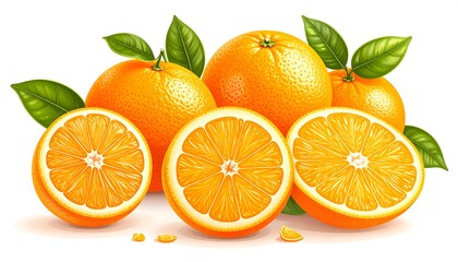 Realistic oranges, whole and sliced, with leaves