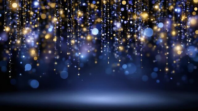 Golden string lights hang down over a dark blue stage with soft bokeh, creating a starry, festive backdrop.