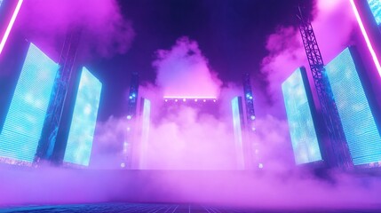 High energy club stage with LED screens displaying dynamic visuals colorful strobe lights and smoke effects The stage is set for an EDM festival capturing the thrill of live music