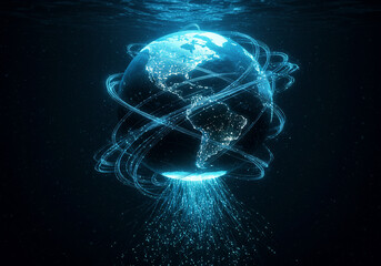Digital representation of Earth with glowing blue connections and data streams emanating from beneath, symbolizing global network.