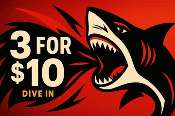Bold banner featuring 3 FOR $10 DIVE IN offer, energetic style, attention-grabbing retail promotion deal.