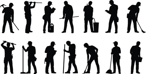 Construction Worker Silhouette Vector Set – Labor, Tools, Maintenance, Cleaning, Industrial Staff, Builders, Contractors for Design and Logos