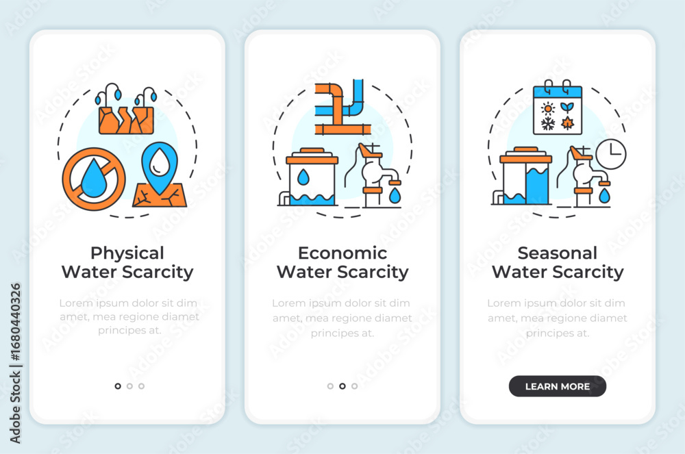 Sticker types of water scarcity onboarding mobile app screen. ecology. walkthrough 3 steps editable graphic 