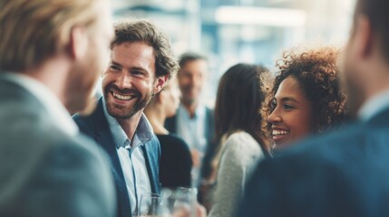 At a lively networking event in a contemporary office, professionals smile and exchange ideas while holding drinks. The atmosphere is vibrant and encouraging collaboration among attendees