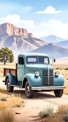 A vintage light blue truck journeys across a dusty desert road, flanked by rugged mountains under a vibrant sky.