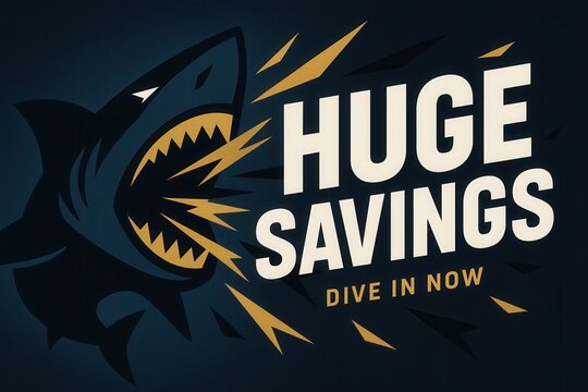 Promotional banner featuring HUGE SAVINGS and DIVE IN NOW message, bold graphic style, compelling retail discount offer.