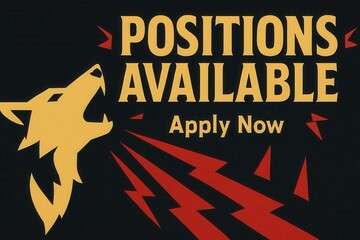 JOB ALERT with POSITIONS AVAILABLE apply now banner, bold graphic style, engaging retail recruitment promo.