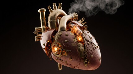 Intricate steampunk mechanical heart with gears, pipes, and glowing elements emitting smoke.