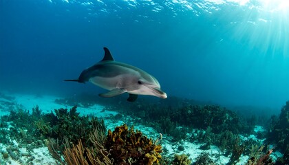 Obraz premium Dolphin swimming over coral reef