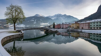 Fototapeta premium Serene Winter Landscape Snow-Covered Village by Calm River