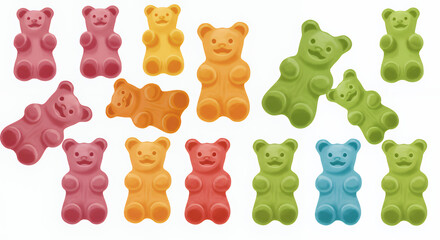Colorful Gummy Bears Assorted in Pink Orange Green Blue on White Background