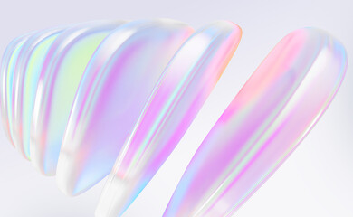 Ribbed holographic 3d background with glass iridescent square plate shape row. Abstract geometric block line pattern with neon rainbow pearlescent gradient. Render digital tech banner. 3D illustration