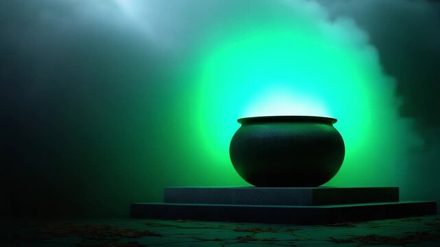 A black cauldron on a raised platform emits neon green light with swirling mist.