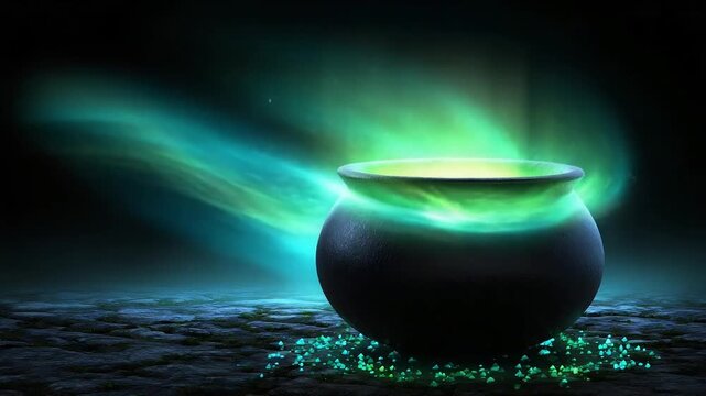 A black cauldron glows with green and blue magical flames, set on a dark rocky surface.