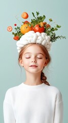 Girl with Brain Hat and Floating Fruits