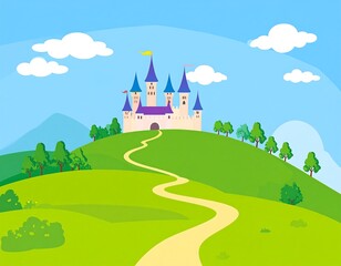 Cartoon castle on a hill with a winding path.  Bright, colorful landscape