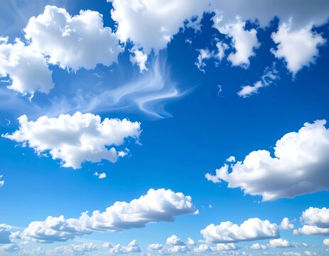 A vibrant sky filled with fluffy white clouds against a deep azure backdrop.
