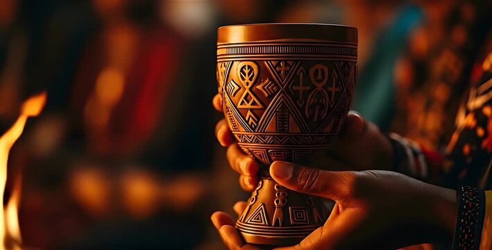 Hands holding a traditional carved wooden Unity Cup (Kikombe cha Umoja) during a Kwanzaa celebration