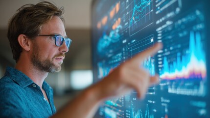 A man in a blue shirt and glasses focuses intently on a large digital screen displaying complex graphs and data visualizations in a modern office setting during daylight