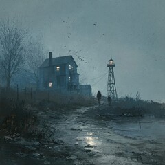 Moody coastal scene; house, lighthouse, figure