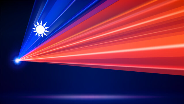 Laser flag of taiwan. Laser show on dark blue background. Taiwanese abstract national flag. Multicolor template of banner, poster for national holiday taiwan. Place for text. Copy space. Vector