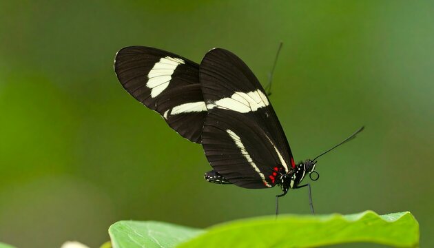 Black and White Butterfly on Green Leaf, Red Accents