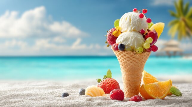 Bright and colorful ice cream cone loaded with fresh fruits is placed on warm sandy beach with clear blue ocean and palm trees under a sunny sky