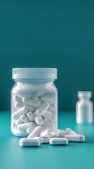 White Pills in Bottle on Teal Background