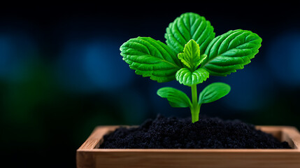 Fresh Green Mint Plant Growing in Soil on a Dark Background With Vibrant Leaves and Strong Stem