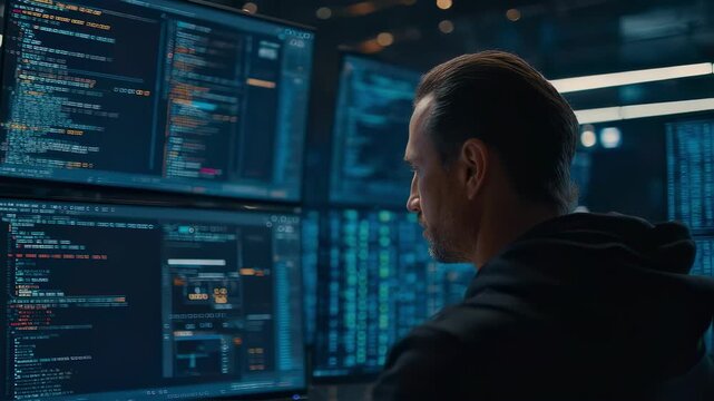 Medium shot of a team member adjusting data minimization parameters on multiple monitors crisp focus on keyboard and screen backdrop blurred.