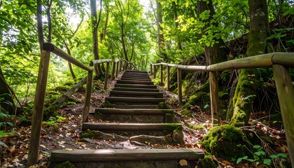 Wooden stairs ascending through a lush forest
