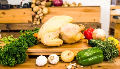 Raw turkey surrounded by fresh vegetables