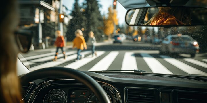 Disciplined driver stops the car at a crosswalk, allowing pedestrians to cross safely, demonstrating responsibility and respect for road safety