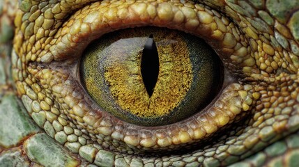Naklejka premium An intense close-up captures the detailed textures and rich colors of a reptile's eye, showcasing its intricate patterns and reflective surface, set against a natural backdrop