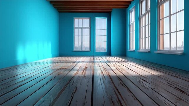 An empty bright teal room with large windows and sunlit wooden floorboards.