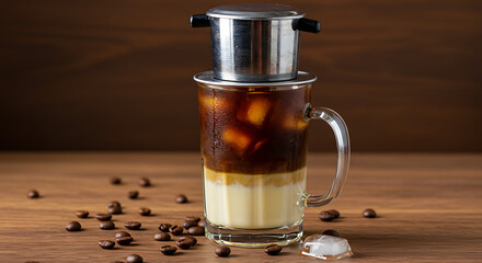 A glass of Vietnamese iced coffee dripping slowly through a traditional phin filter, layered with condensed milk at the bottom, served over ice cubes. Wooden background with roasted coffee beans scatt