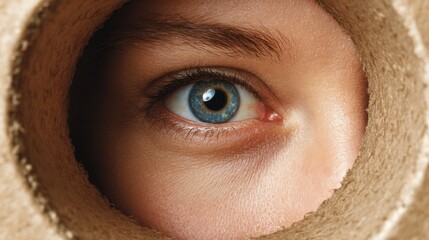 A unique perspective captures a human eye peering through a cardboard tube. The blue iris and details of the eye create an engaging visual, emphasizing curiosity and creativity