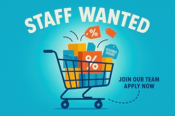Staff Wanted banner with flexible hours and join our team apply now, vibrant cartoon style, engaging retail job promotion.