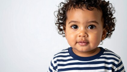 A captivating close-up portrait of a baby with curly black hair, wearing a navy and white striped shirt, radiating a sense of innocent curiosity.