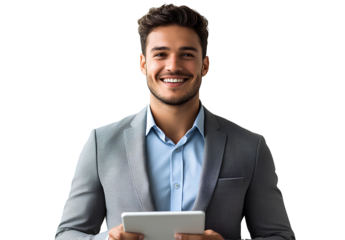  a handsome, smiling businessman in a gray suit holding an ipad, on a transparent background