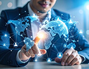 Businessman interacts with global network graphic