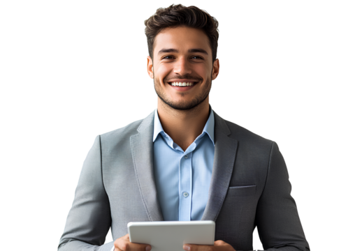  a handsome, smiling businessman in a gray suit holding an ipad, on a transparent background