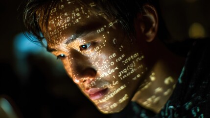 A young man focuses on his screen as lines of computer code illuminate his face in a dark space. This moment captures the dedication and energy of modern coding
