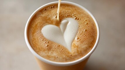 Creamy coffee food with heart shaped milk foam art paper cup, warm and inviting, perfect for breakfast or relaxing moments cozy cafe or home setting, delicious creamy drink with heart art frothy milk