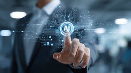 A man dressed in formal attire uses his finger to touch a glowing AI symbol on a high-tech interface. The background features a contemporary office, emphasizing innovation and technology